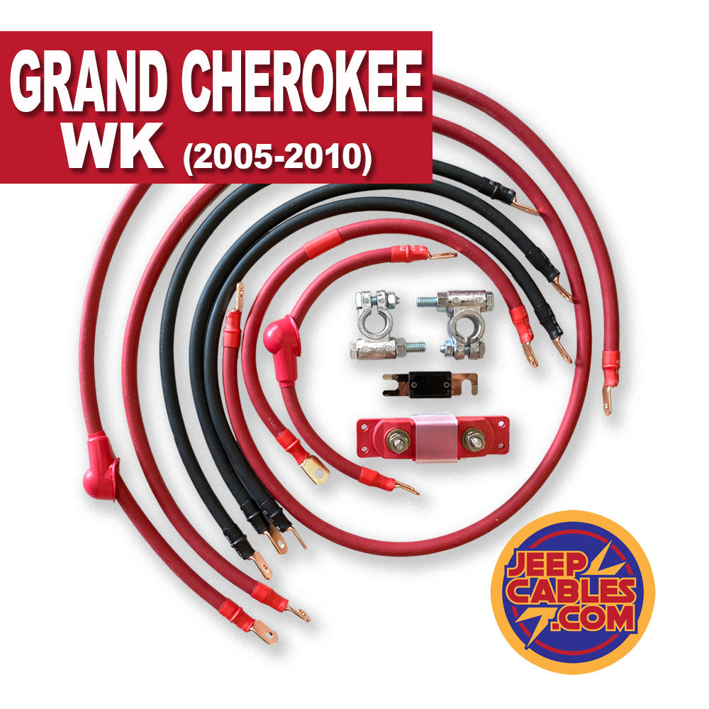 Jeep Grand Cherokee WK Big 7 battery cable kit (2005-2010) designed to improve electrical power for off-road adventures.