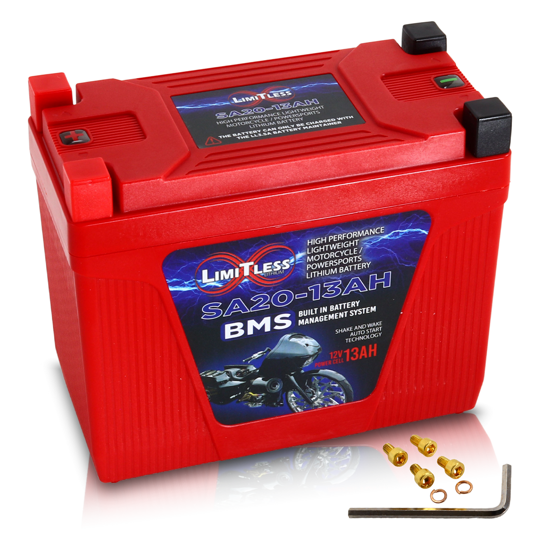 Limitless Lithium Shake Awake 13Ah 12V LiFePO4 Smart Motorcycle Battery (Case 20) + 3.5A Maintainer (2)