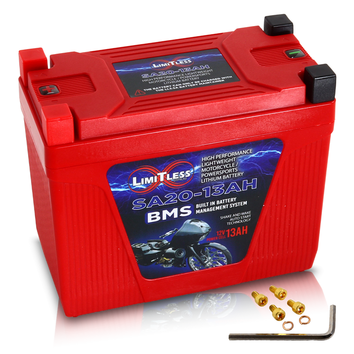 Limitless Lithium Shake Awake 13Ah 12V LiFePO4 Smart Motorcycle Battery (Case 20) + 3.5A Maintainer (2)