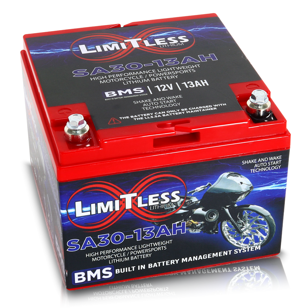 Limitless Lithium Shake Awake 13Ah 12V LiFePO4 Smart Motorcycle Battery (Case 30) + 3.5A Maintainer (2)