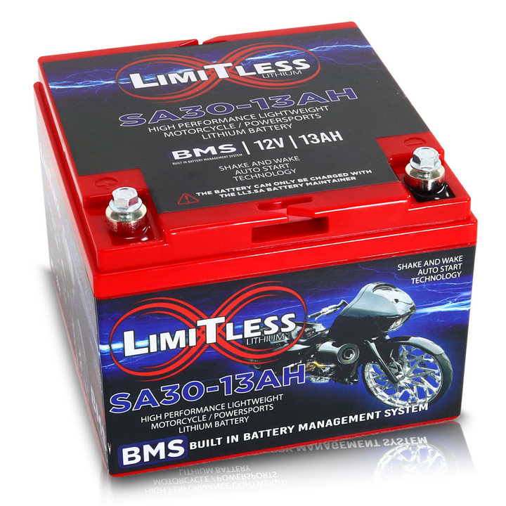 Limitless Lithium Shake Awake 13Ah 12V LiFePO4 Smart Motorcycle Battery (Case 30) + 3.5A Maintainer (2)