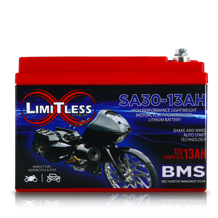 Limitless Lithium Shake Awake 13Ah 12V LiFePO4 Smart Motorcycle Battery (Case 30) + 3.5A Maintainer (5)