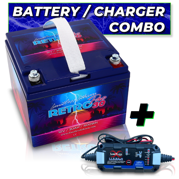 Limitless Lithium Retro Pro 30 12V LiFePO4 Car Audio Battery 30Ah Group 30L + 3.5A Maintainer