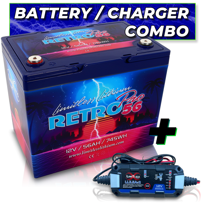 Limitless Lithium Retro Pro 56 12V LiFePO4 Car Audio Battery 56Ah Group 24 + 3.5A Maintainer