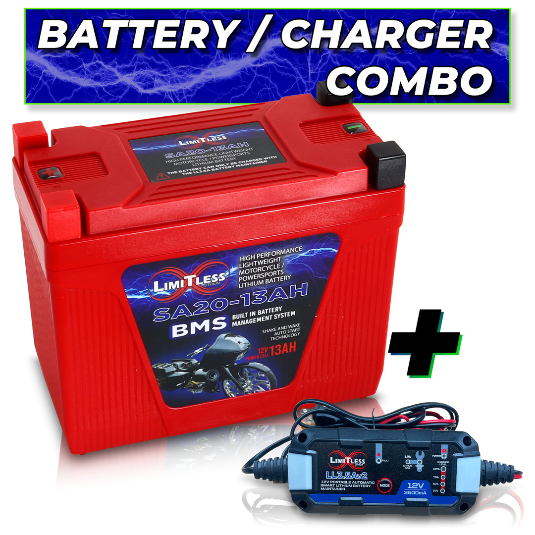 Limitless Lithium Shake Awake 13Ah 12V LiFePO4 Smart Motorcycle Battery (Case 20) + 3.5A Maintainer