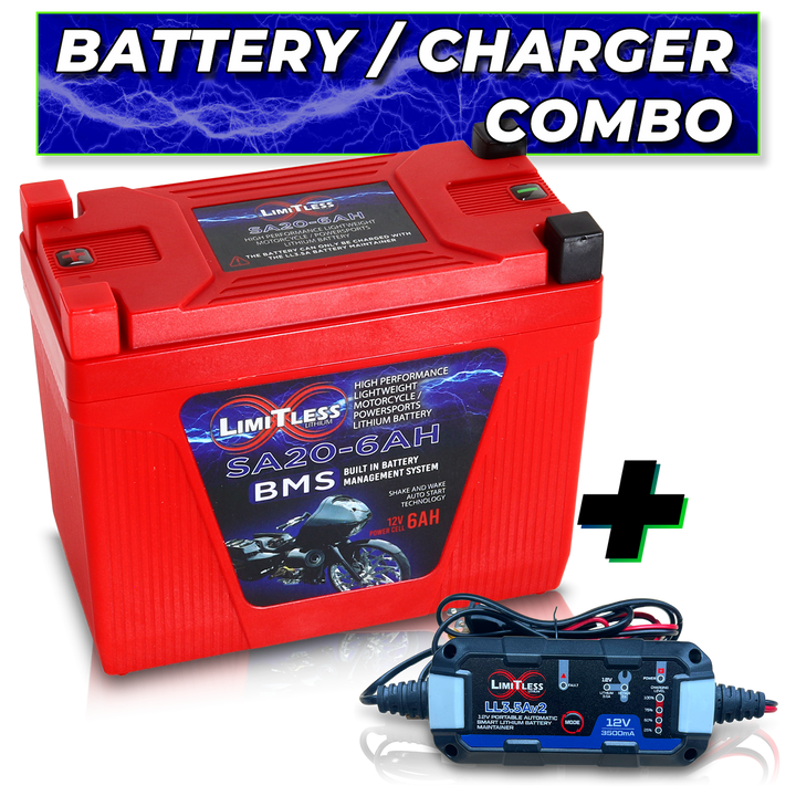 Limitless Lithium Shake Awake 6Ah 12V LiFePO4 Smart Motorcycle Battery (Case 20) + 3.5A Maintainer