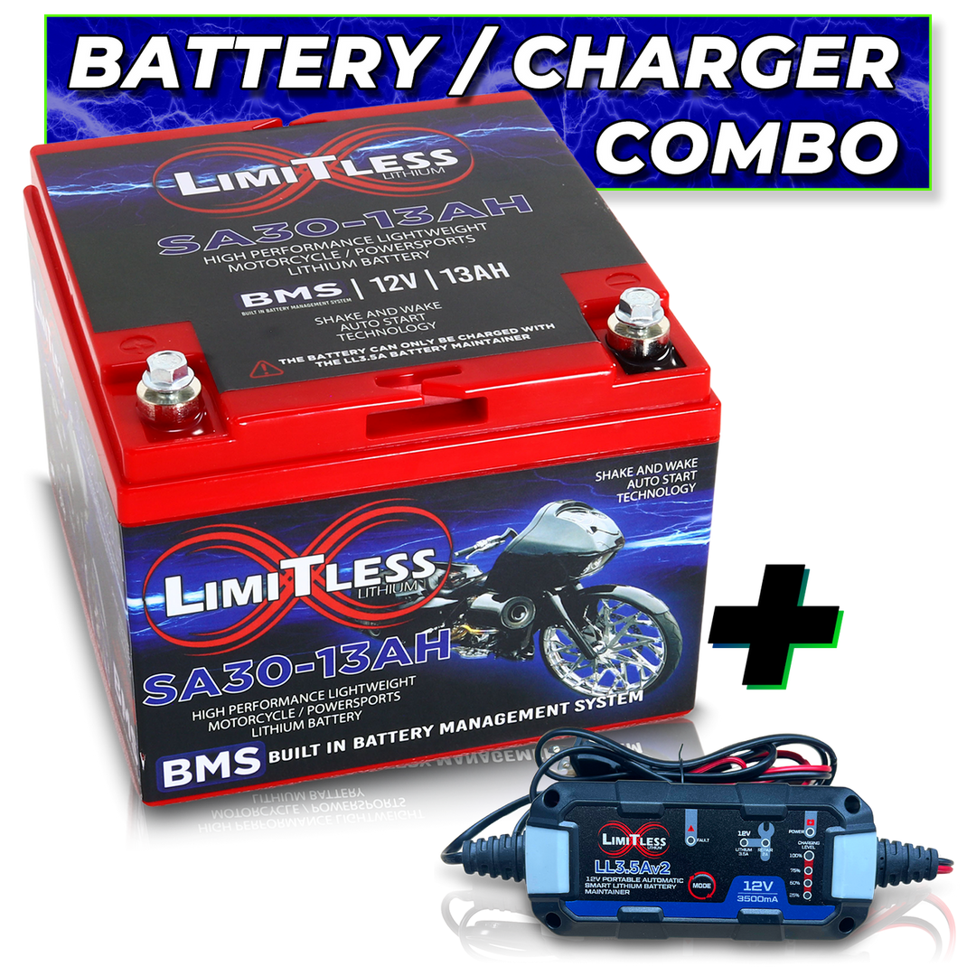Limitless Lithium Shake Awake 13Ah 12V LiFePO4 Smart Motorcycle Battery (Case 30) + 3.5A Maintainer