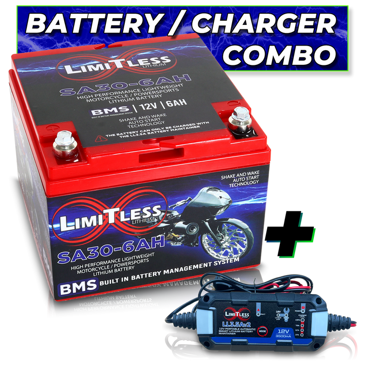 Limitless Lithium Shake Awake 6Ah 12V LiFePO4 Smart Motorcycle Battery (Case 30) + 3.5A Maintainer