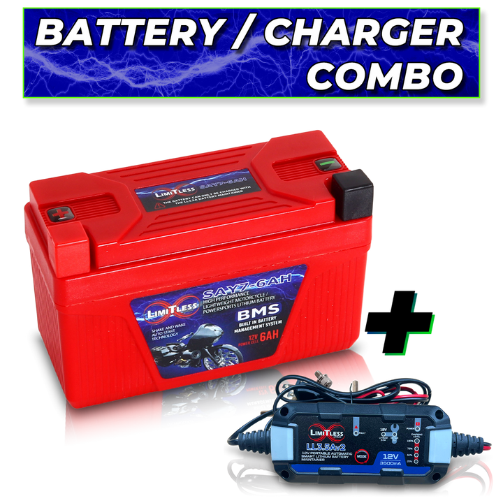 Limitless Lithium Shake Awake 6Ah 12V LiFePO4 Smart Motorcycle Battery (Case Y7) + 3.5A Maintainer