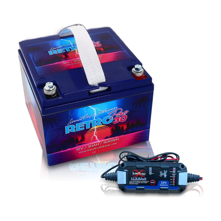 Limitless Lithium Retro Pro 30 12V LiFePO4 Car Audio Battery 30Ah Group 30L + 3.5A Maintainer