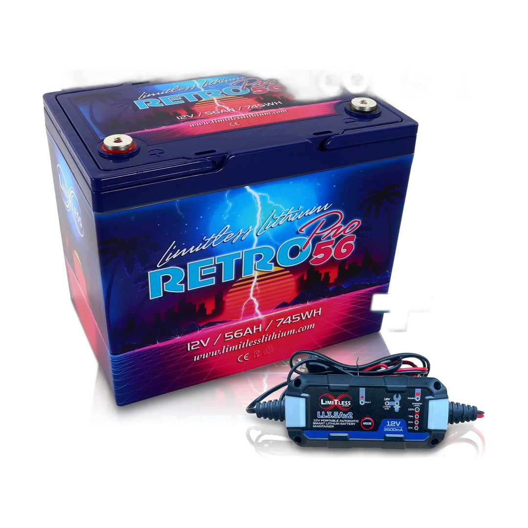Limitless Lithium Retro Pro 56 12V LiFePO4 Car Audio Battery 56Ah Group 24 + 3.5A Maintainer