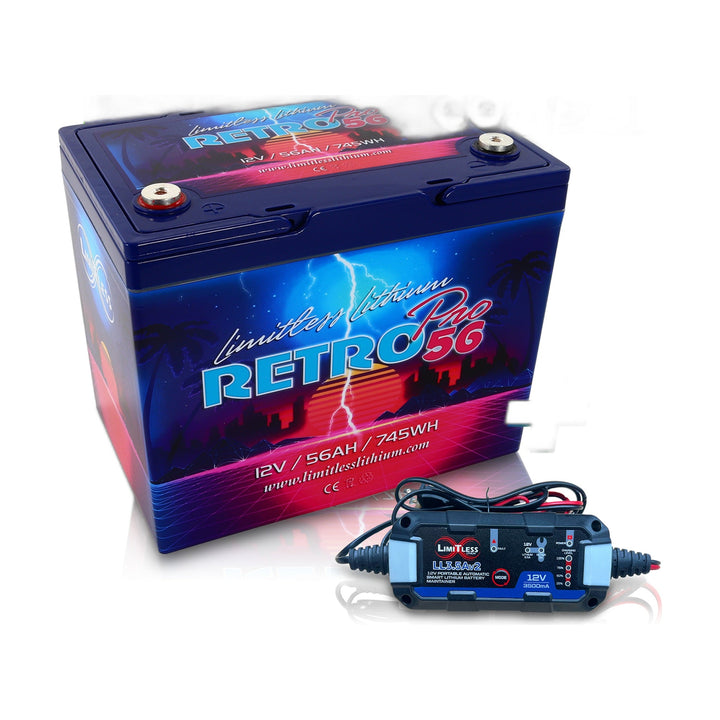 Limitless Lithium Retro Pro 56 12V LiFePO4 Car Audio Battery 56Ah Group 24 + 3.5A Maintainer
