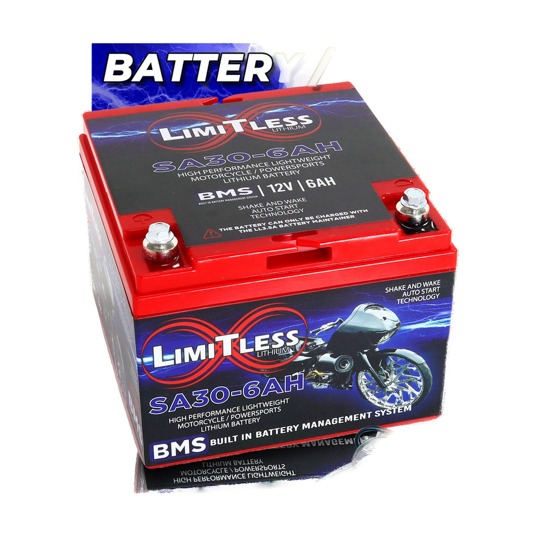 Limitless Lithium Shake Awake 6Ah 12V LiFePO4 Smart Motorcycle Battery (Case 30) + 3.5A Maintainer